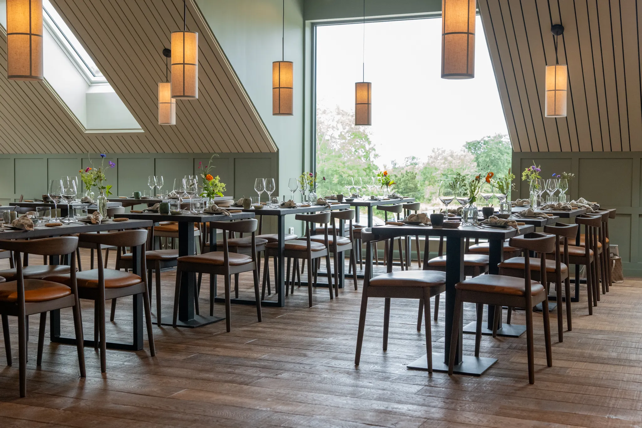 Interior design of a light, modern restaurant