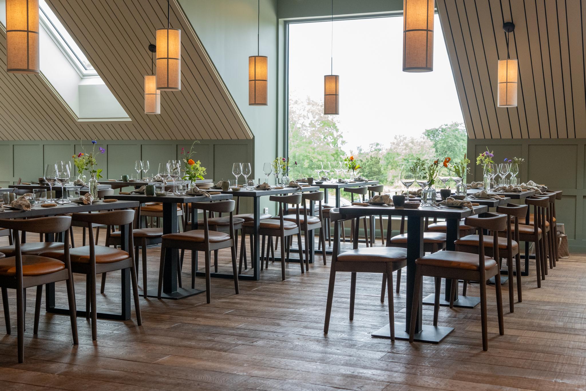 Interior design of a light, modern restaurant