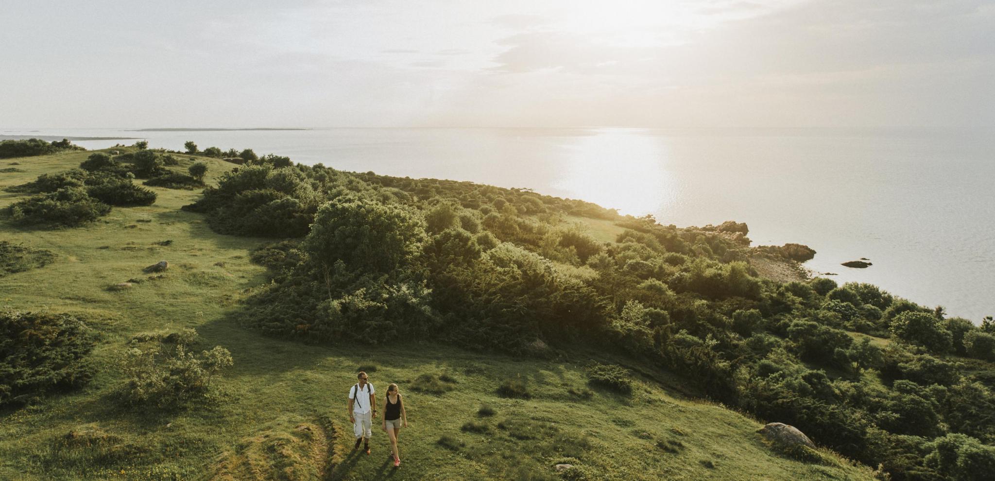 Ein junges Paar wandert im Küstengebiet Hovs Hallar durch eine grüne Landschaft mit dem Meer im Hintergrund.