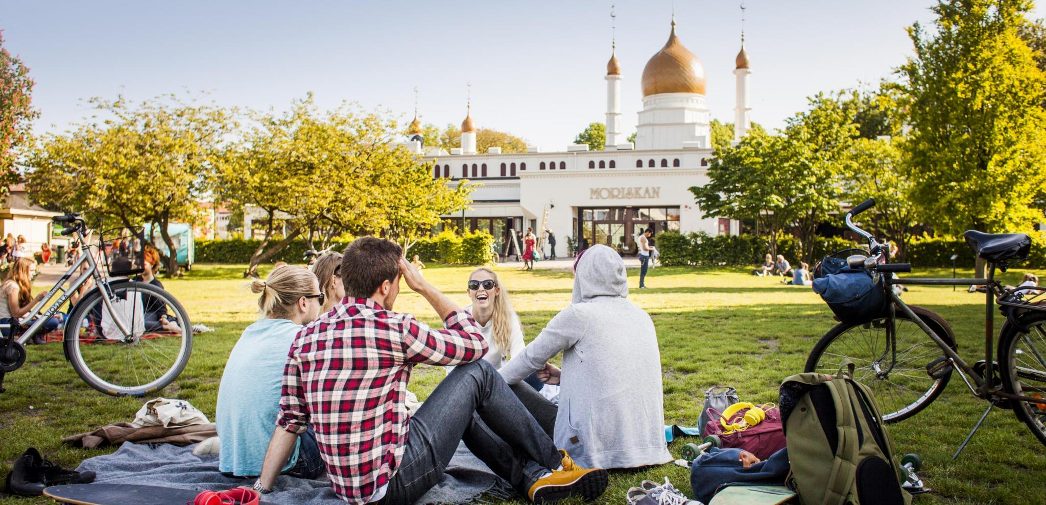People hanging out on the grass in Folkets Park