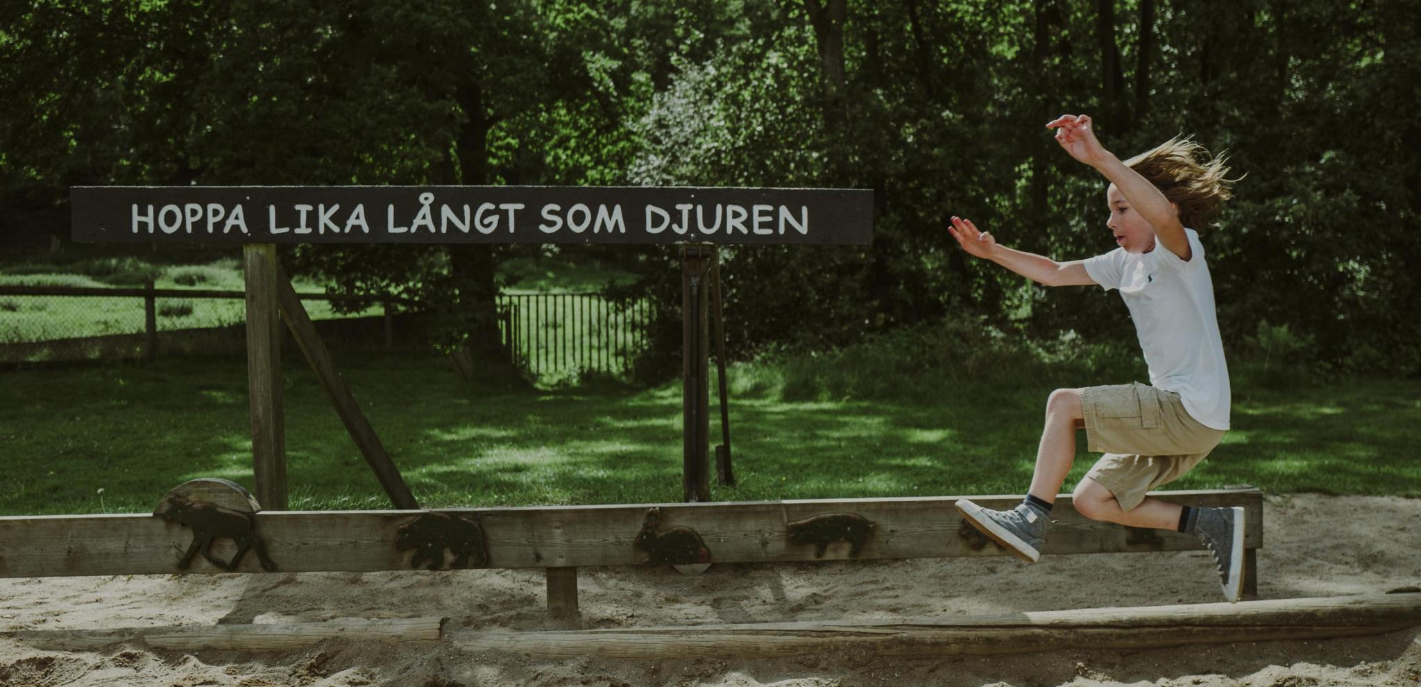 Ein Junge versucht sich im Weitspringen im Zoo Skånes Djurpark.