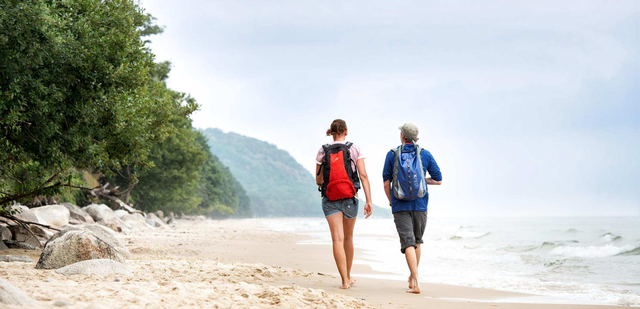 Couple walking on a beach with a forest adjacent to them 