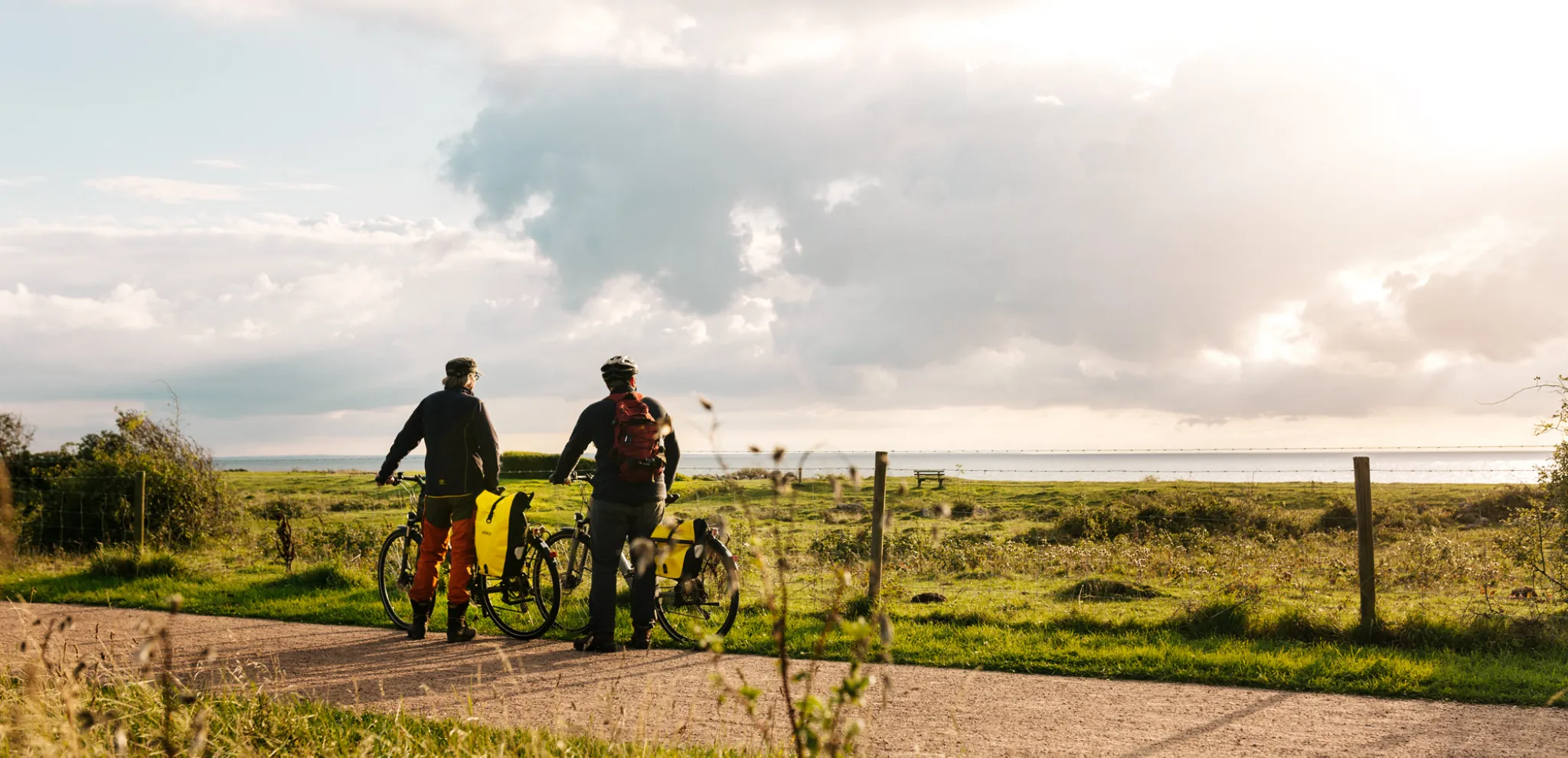 Two people with bicycles enjoy the view of the sea on a sunny day