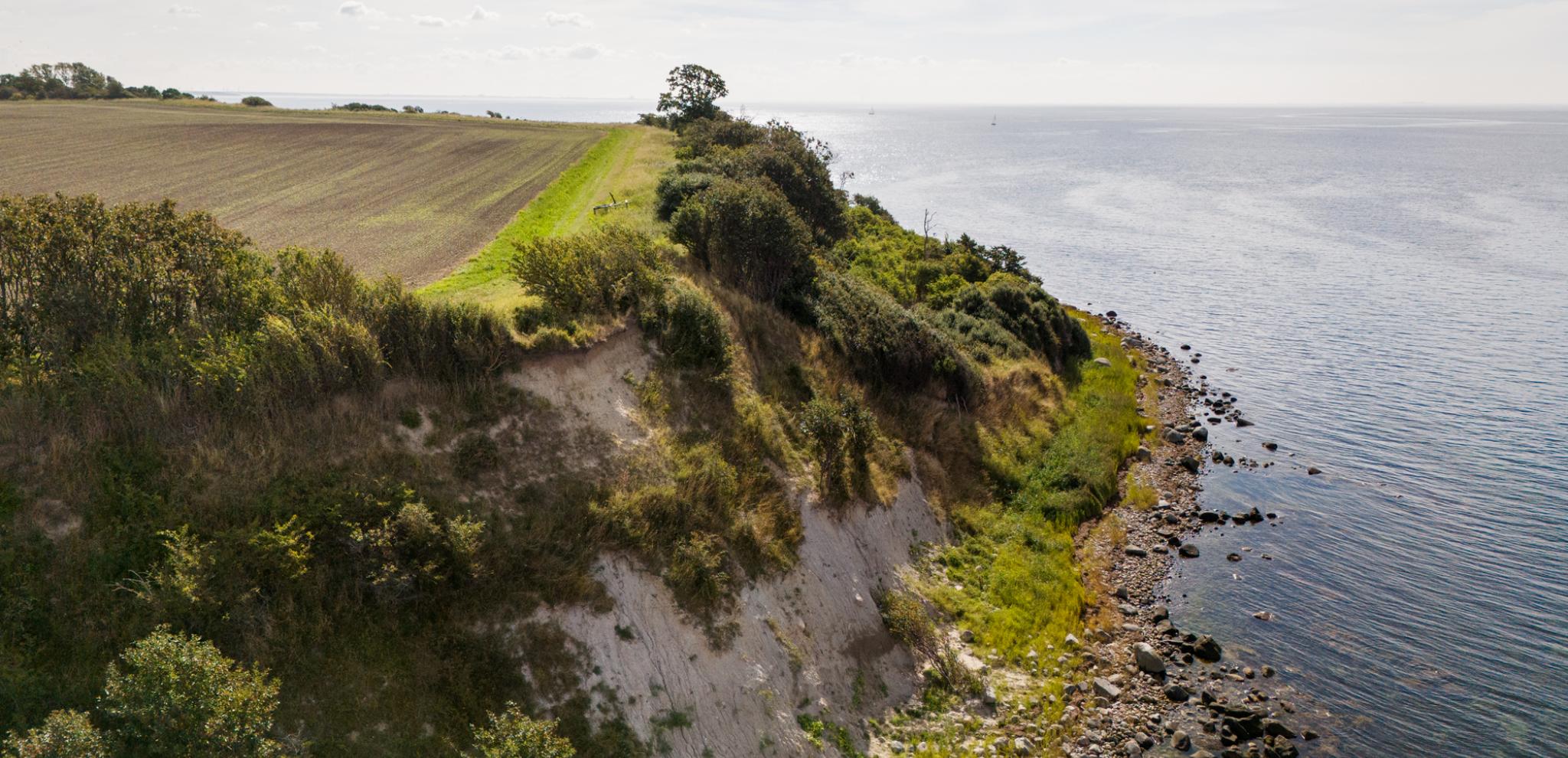 An aerial view of a grassy cliff area next to the sea