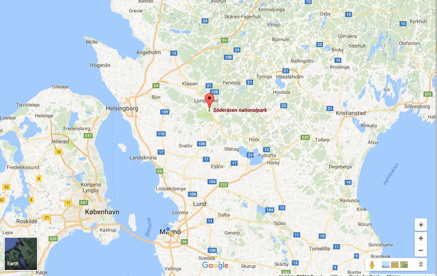 Karta över Skåne med en punktmarkering på Söderåsens nationalpark
