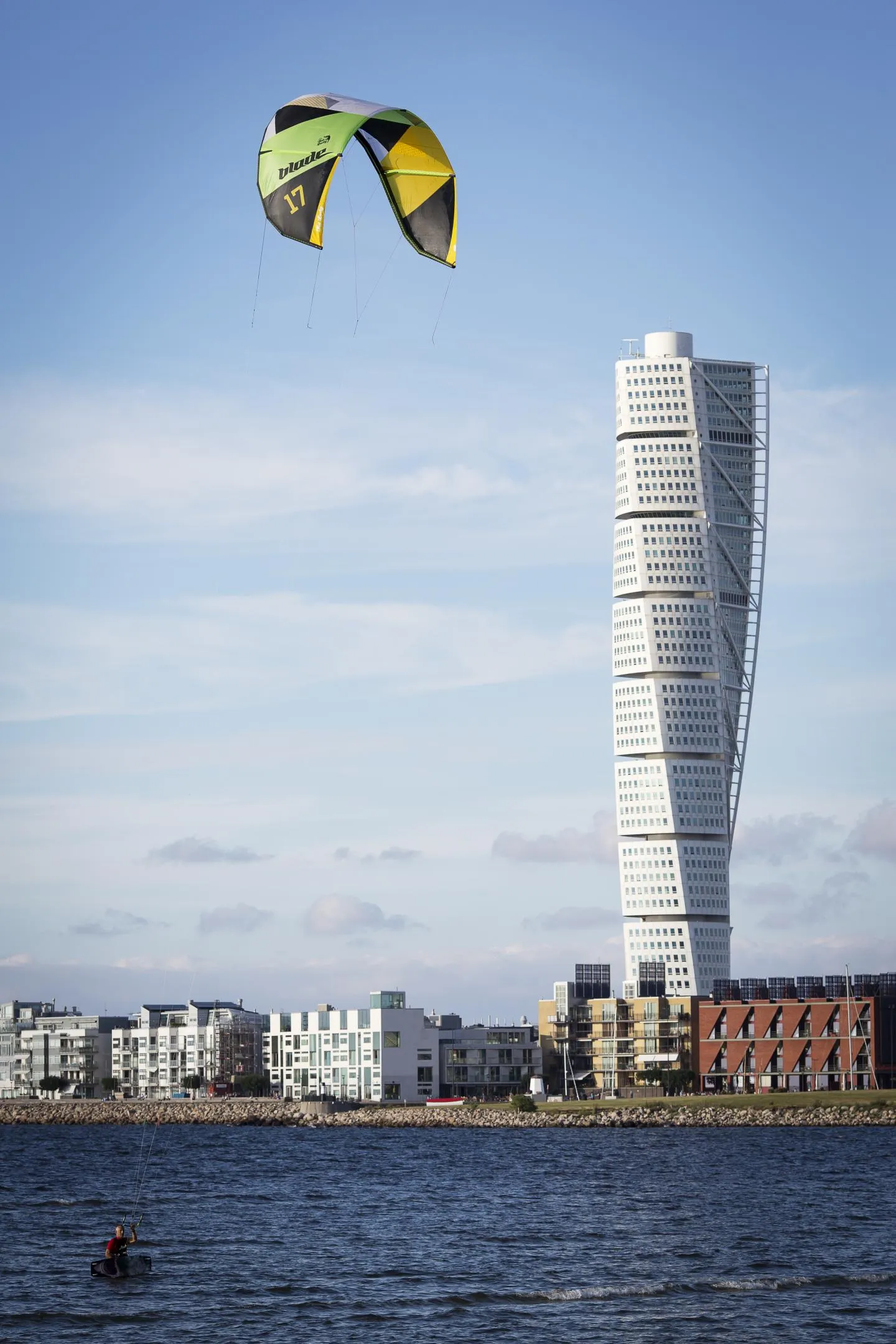 Kite surfing in front of Turing Torso