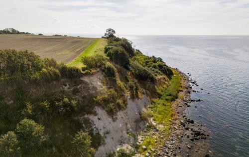 An aerial view of a grassy cliff area next to the sea