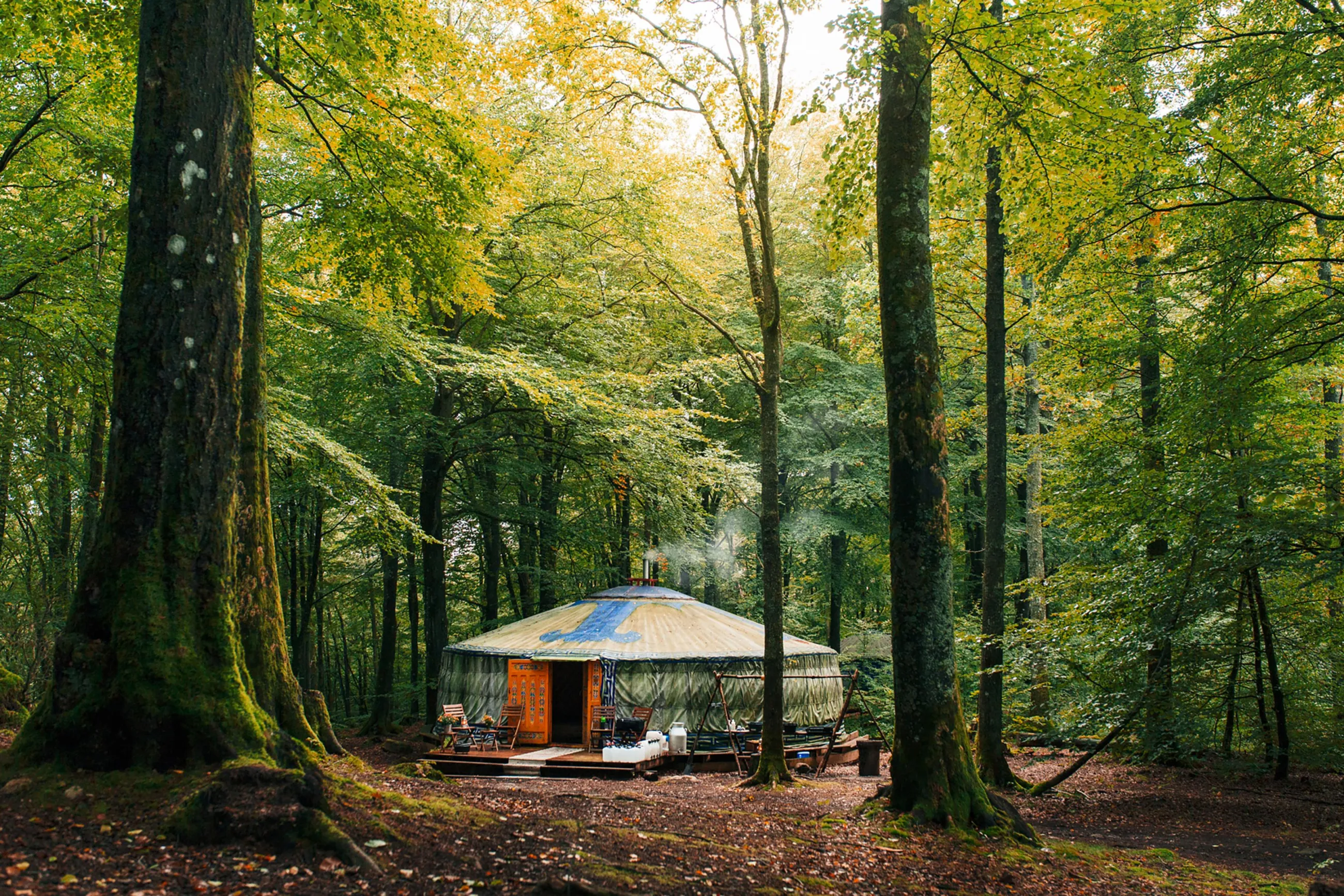 Large round tent with a dining area, located inside a forest.