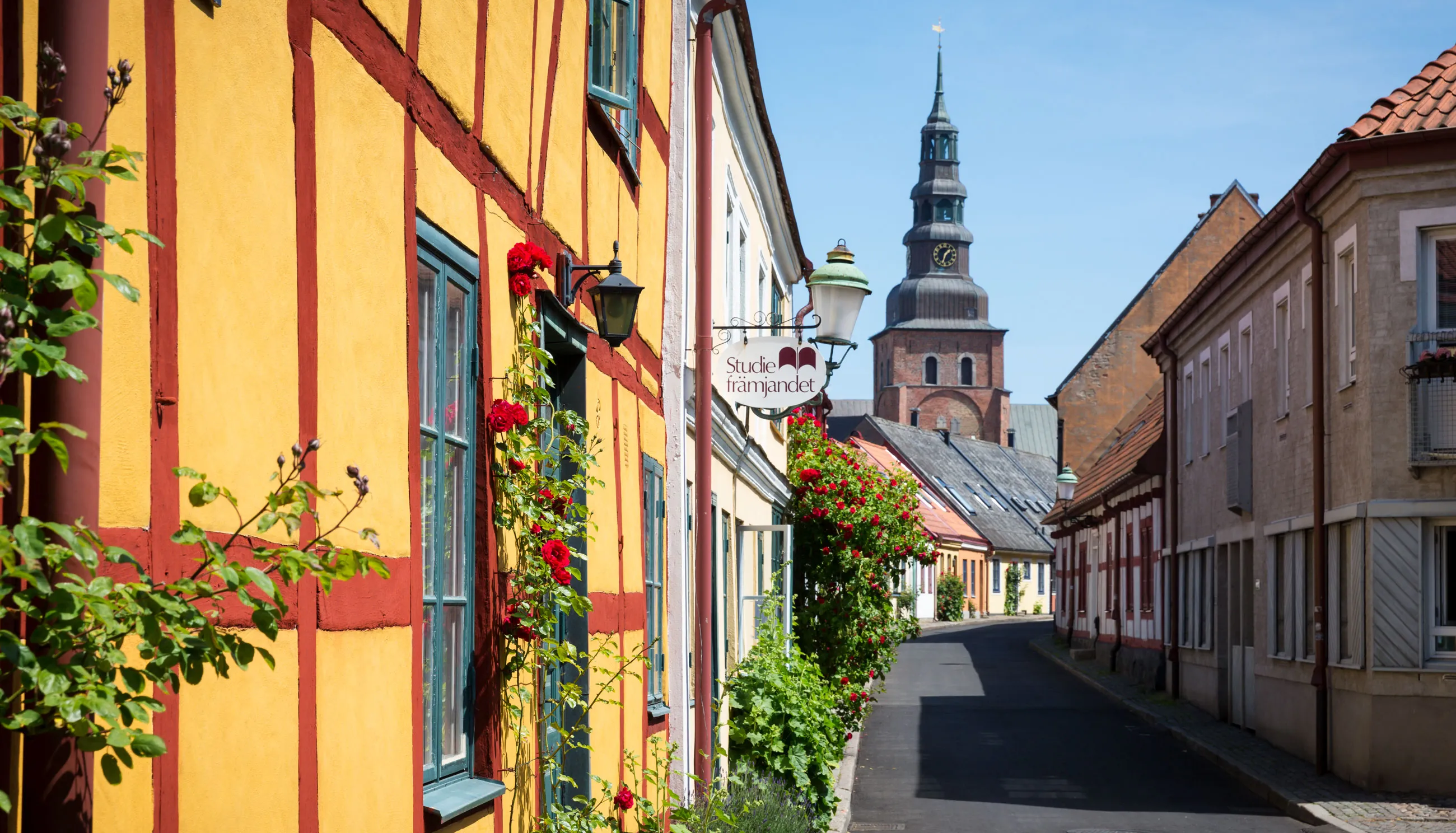 Bunte Fachwerkhäuser im historischen Stadtkern von Ystad.