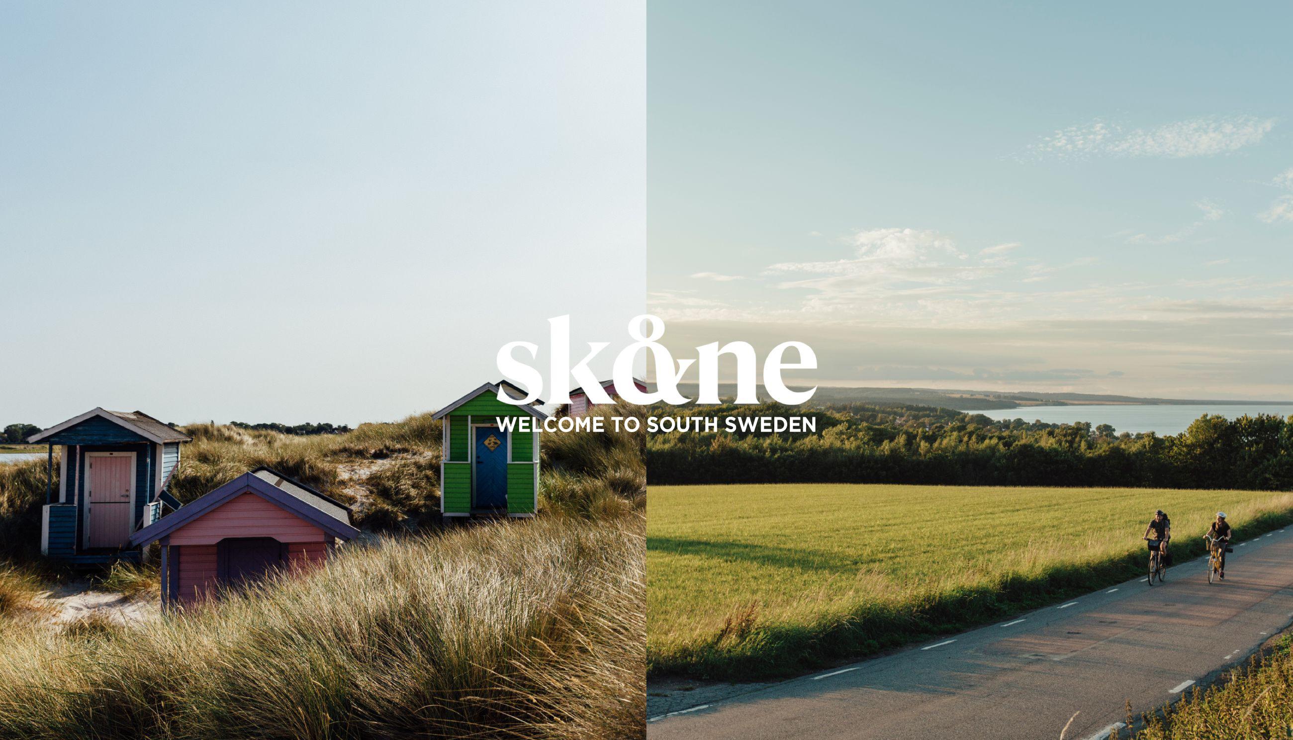 Skåne - Welcome to South Sweden. Split image showing colorful beach huts in dune grass on left, cyclists on country road through agricultural landscape on right