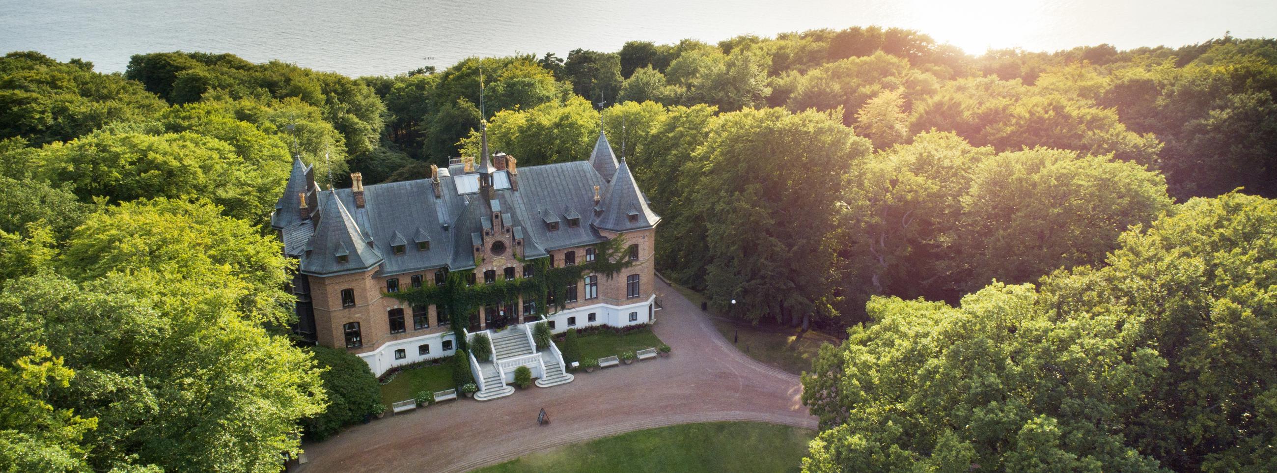 En sikt från ovan av Sofiero slott framför havet och omgiven av träd