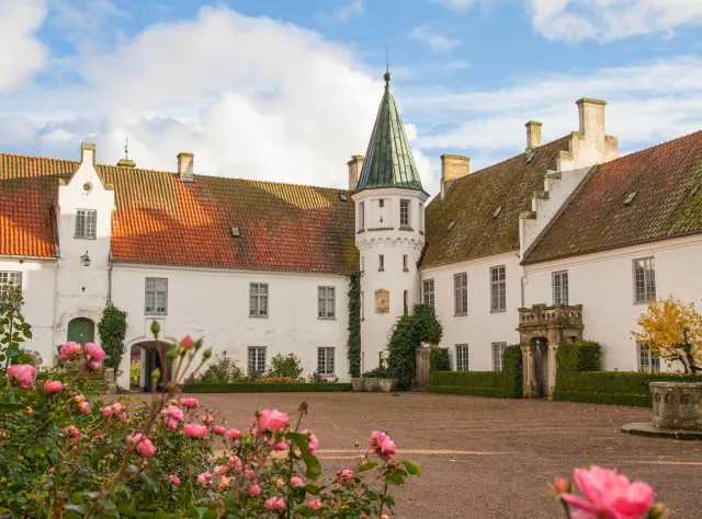 The inner corner of a white old monastery building and pink roses in the front