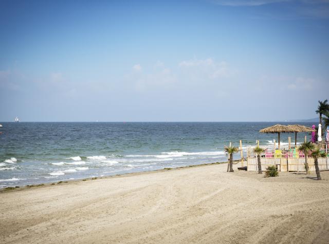 Sandstrand und Strohschirme am Tropical Beach in Helsingborg.