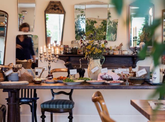 Breakfast buffet at a country hotel with an array of morning dishes and fresh offerings