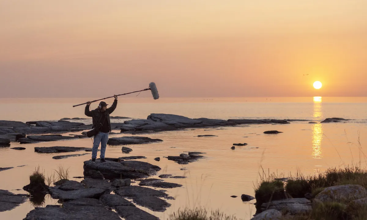 Eine Person steht bei Sonnenaufgang auf Felsen und hält eine Tonangel