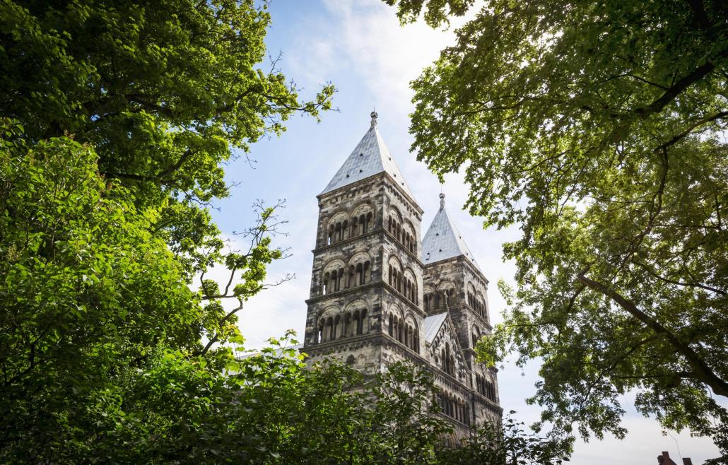Eine Gasse in Lund mit farbenfrohen Häusern, vor denen Rosenstöcke blühen.
